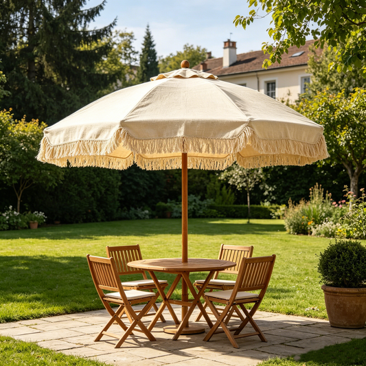 Beige Linen Fringe Patio Umbrella