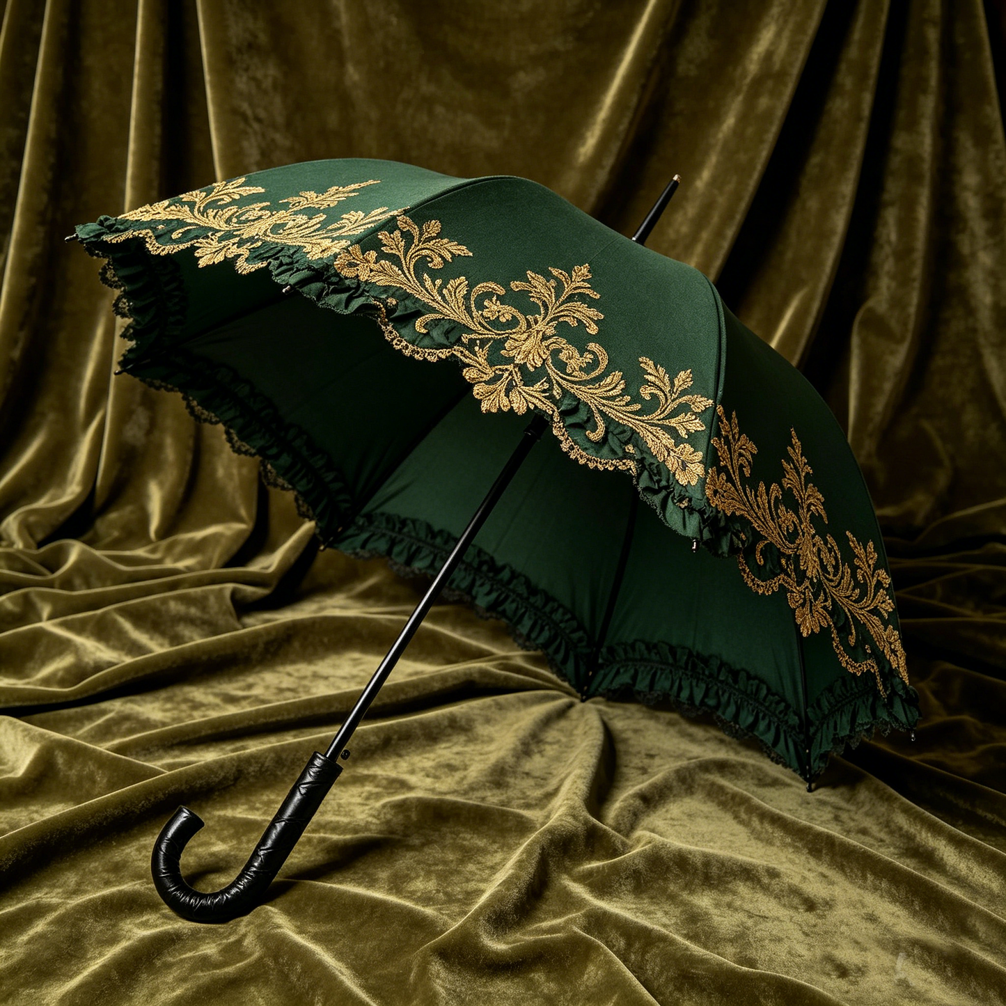 Forest Green Gold Embroidery Parasol