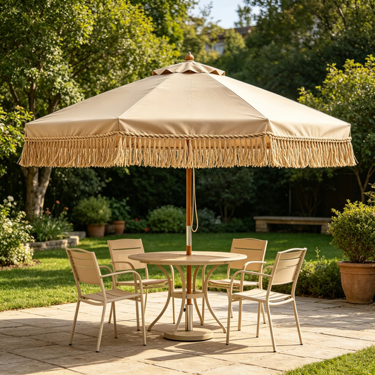 Beige Jute Fringe Patio Umbrella
