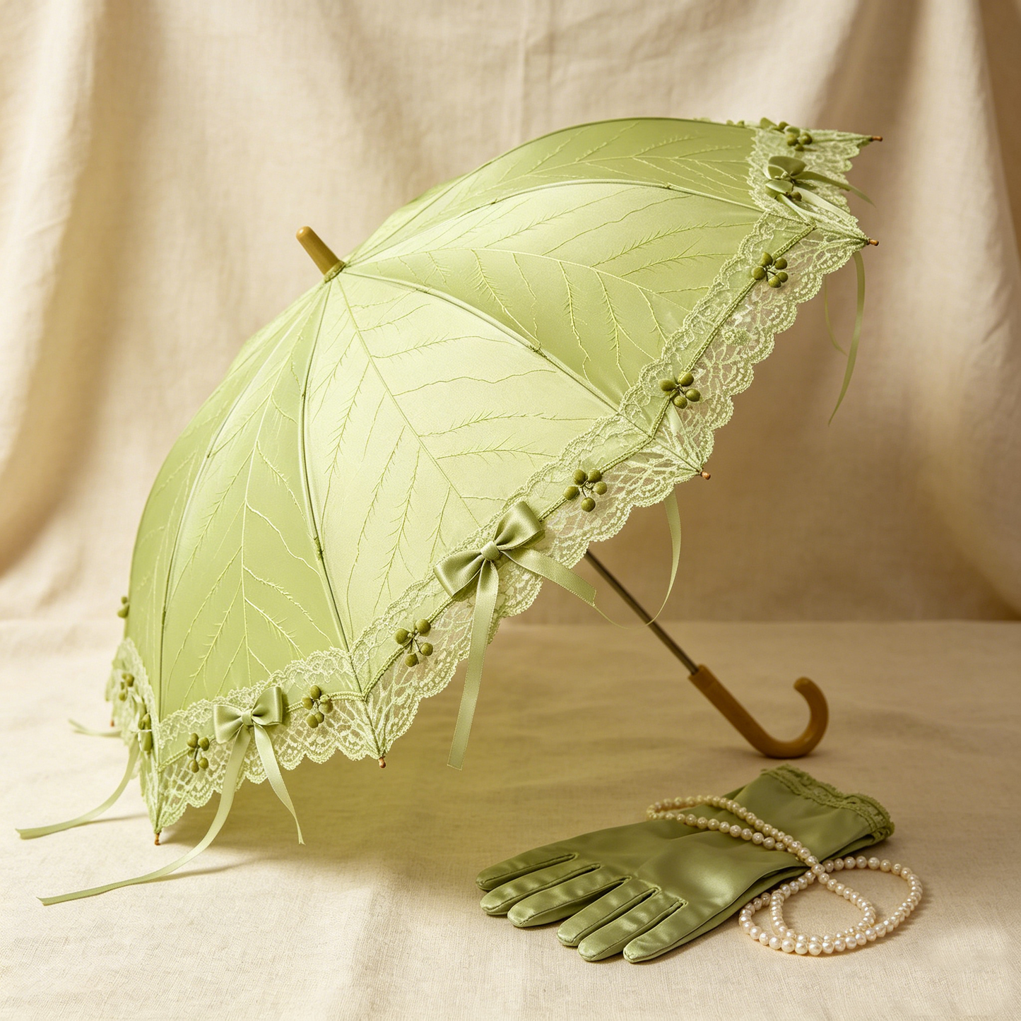 Lime Green Leaf Embroidery Parasol
