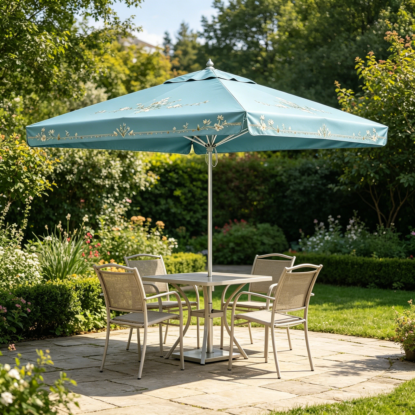 Sky Blue Floral Embroidery Patio Umbrella