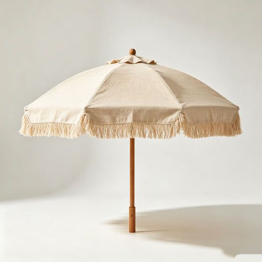 Beige Linen Fringe Patio Umbrella