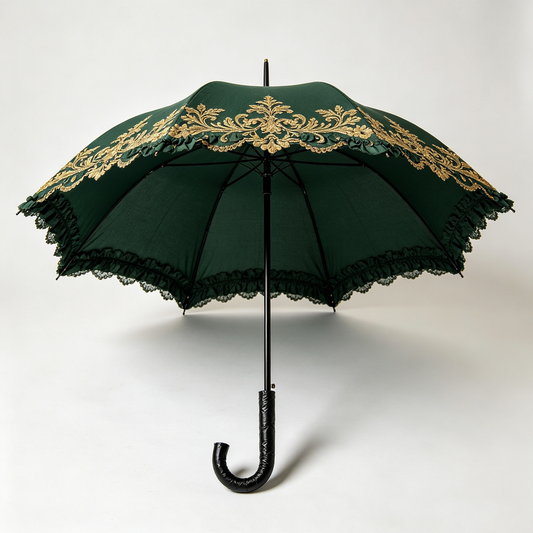 Forest Green Gold Embroidery Parasol